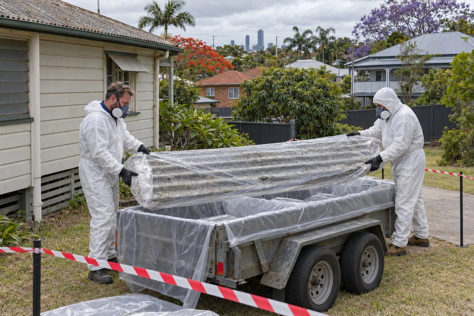 Asbestos roof replacement, Brisbane: workers in protective coveralls wrapping removed fibro sheets on a trailer