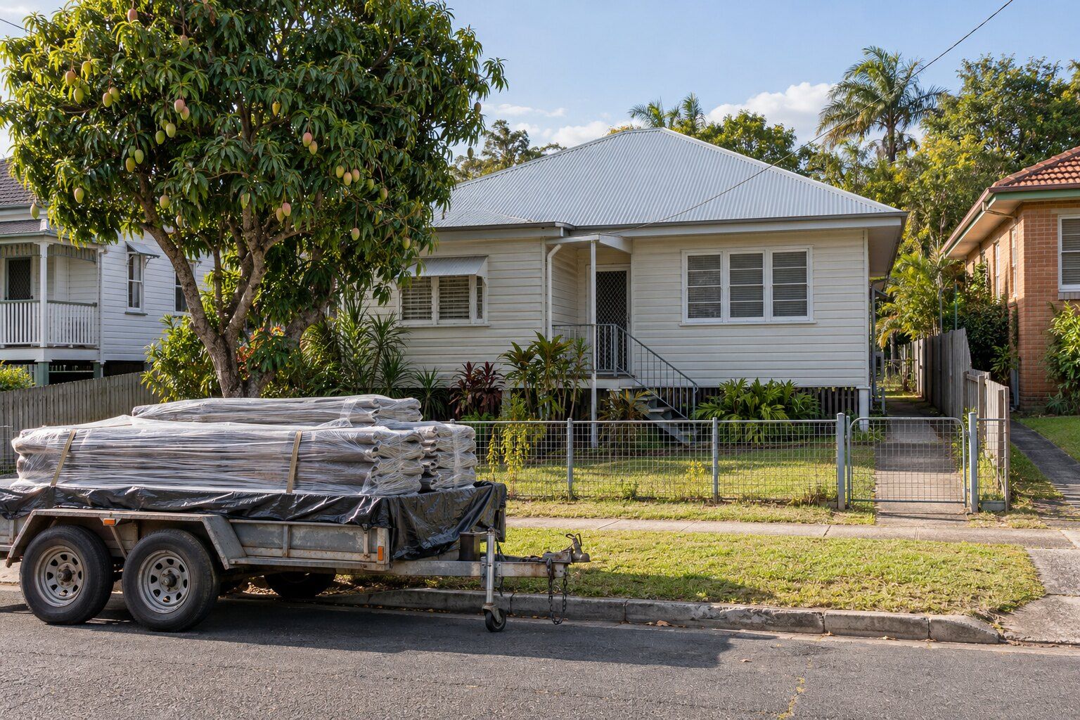 Asbestos roof replacement cost, Brisbane: wrapped stack of new roofing sheets on a trailer outside a fibro cottage