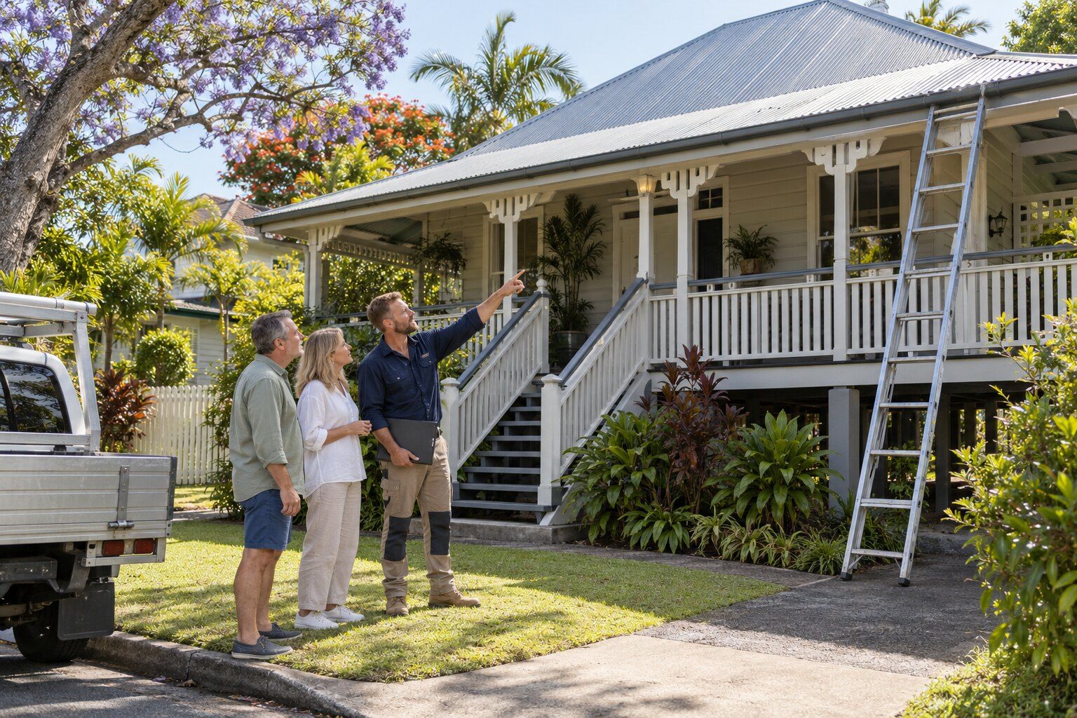 Choosing a roofer, Brisbane: roofer pointing out the roof and gutter line of a Queenslander to the homeowners