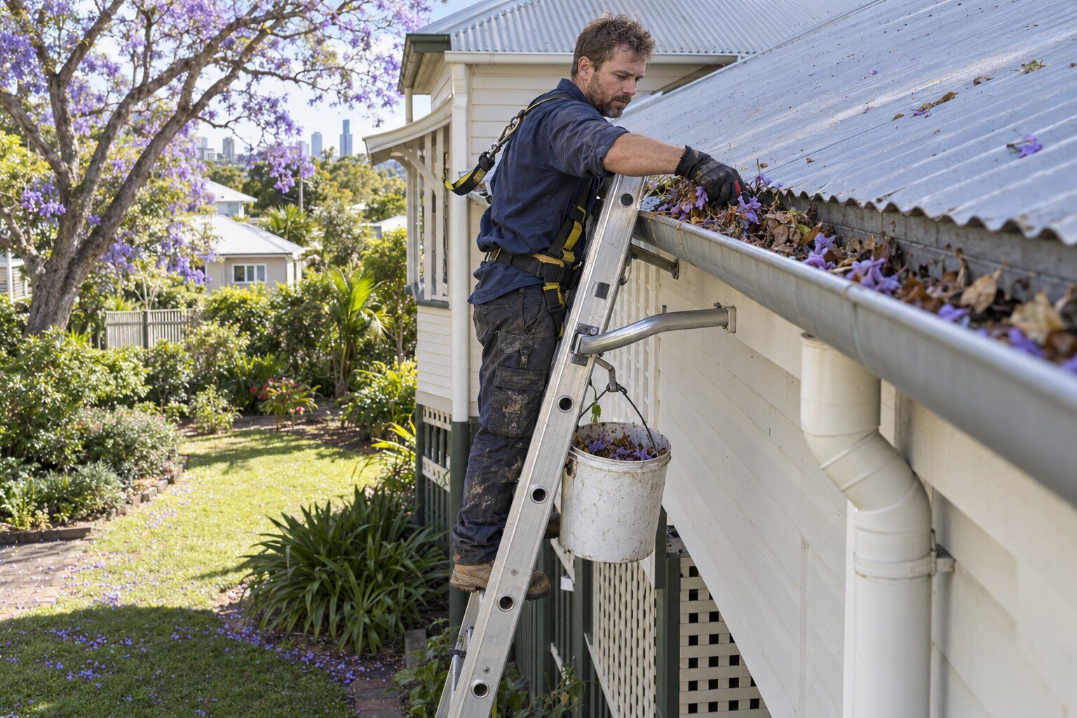 Gutter cleaning, Brisbane: roofer in a harness scooping leaves and jacaranda flowers from a gutter on a timber Queenslander