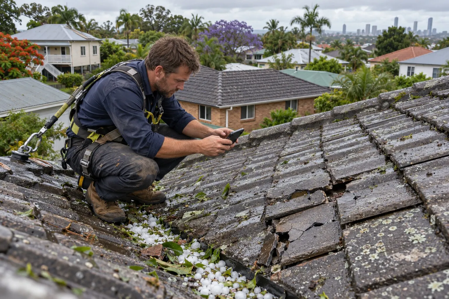 Hail damage roof insurance, Brisbane: roofer photographing hail-cracked concrete roof tiles the morning after a storm