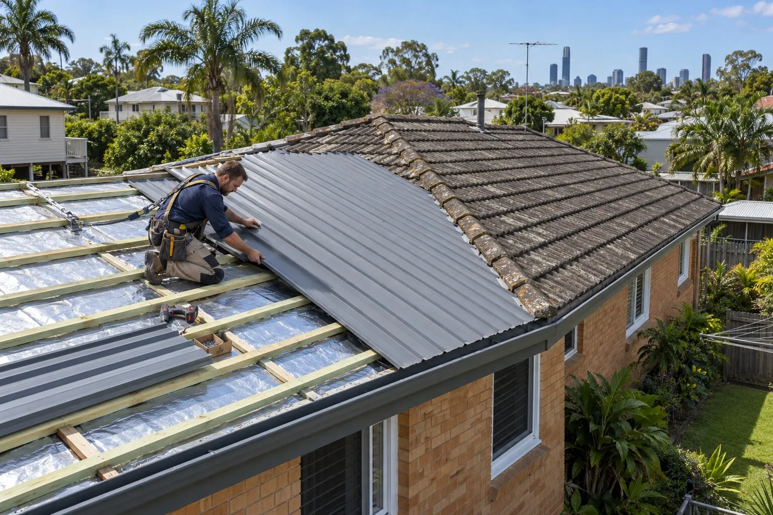 Tile to Colorbond roof, Brisbane: new dark steel sheets fixed where concrete tiles were removed from a brick house