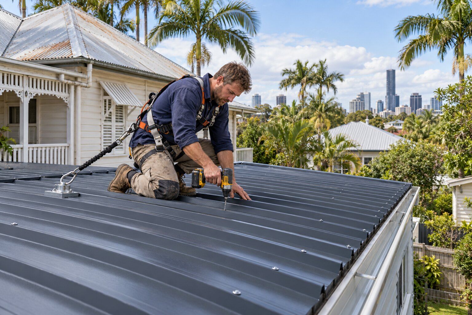 Metal roofing, Brisbane: roofer in a harness driving screws into a new dark grey corrugated steel roof