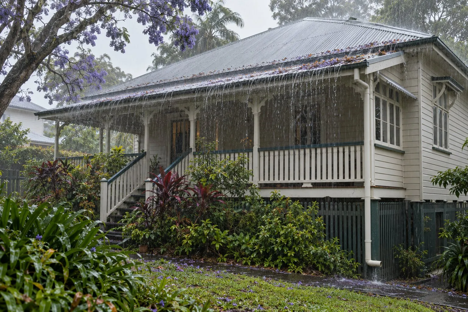Overflowing gutters, Brisbane: rain spilling over the gutter of a highset Queenslander in a summer storm