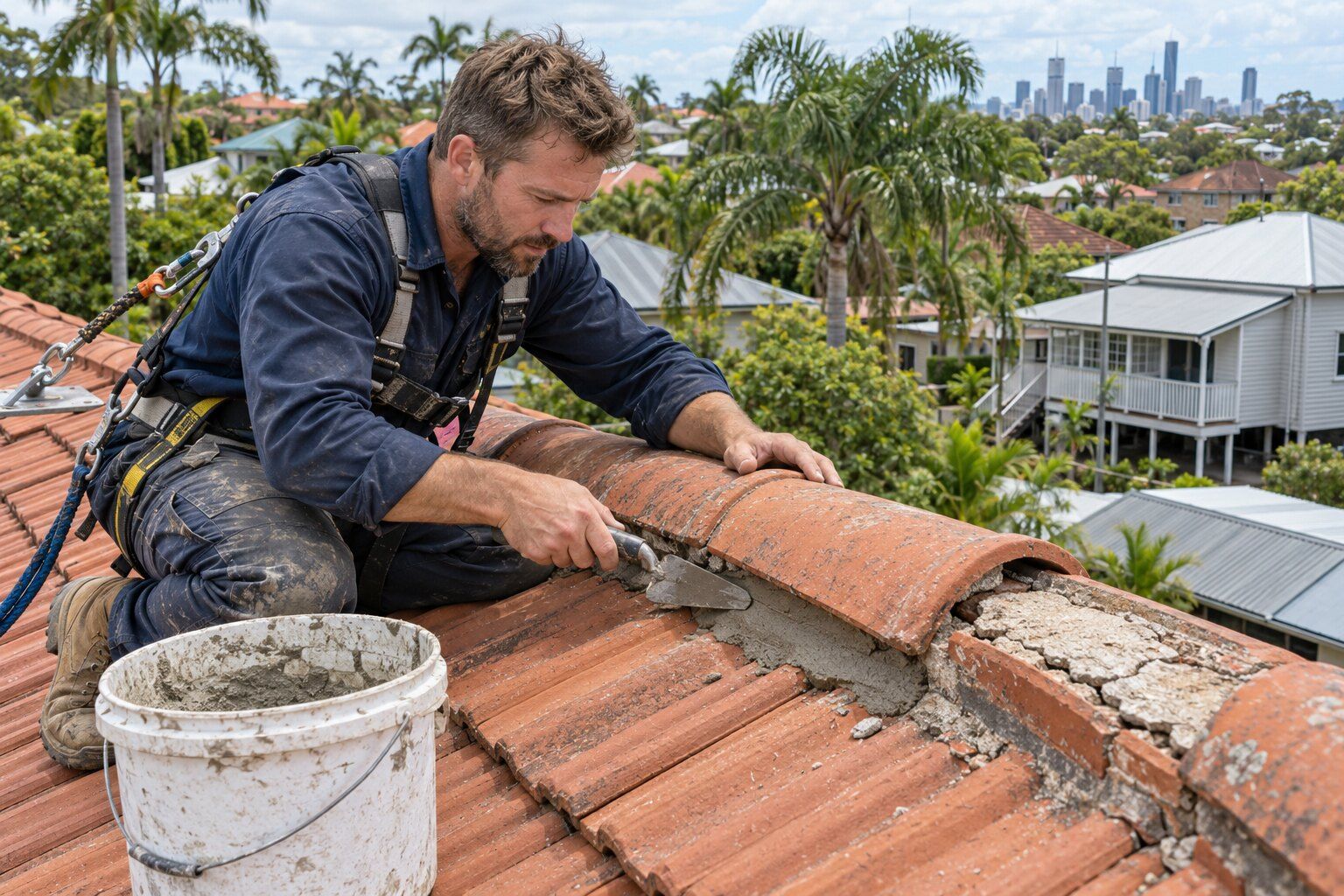 Roof repair cost, Brisbane: roofer rebedding a terracotta ridge cap with fresh mortar beside cracked old bedding