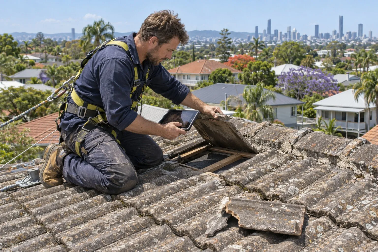 Roof replacement approval, Brisbane: roofer in a harness lifting a cracked concrete tile to check the battens