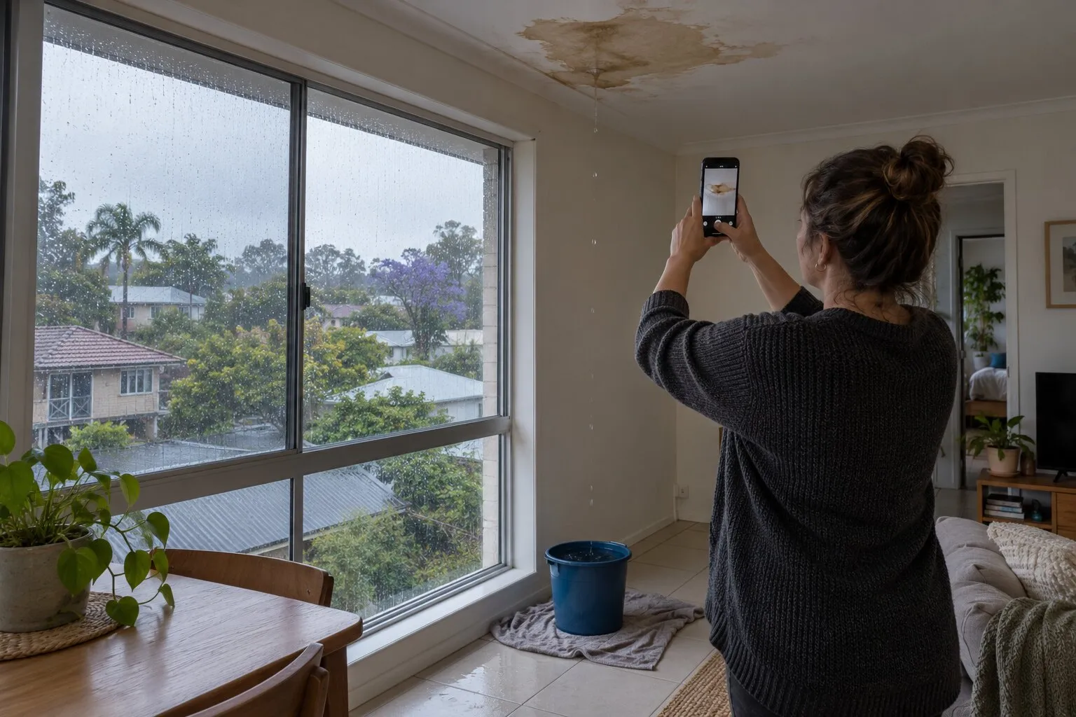 Roof leak in a rental, Brisbane: tenant photographing a water stain on a unit's ceiling above a bucket in a storm
