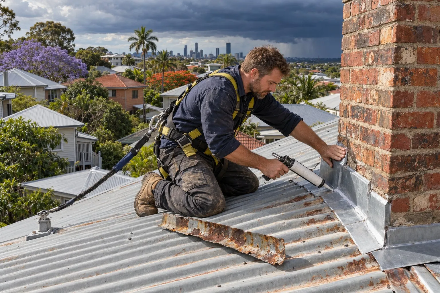 Roof leak repair, Brisbane: roofer sealing a new flashing at a brick chimney on a corrugated iron roof as a storm builds