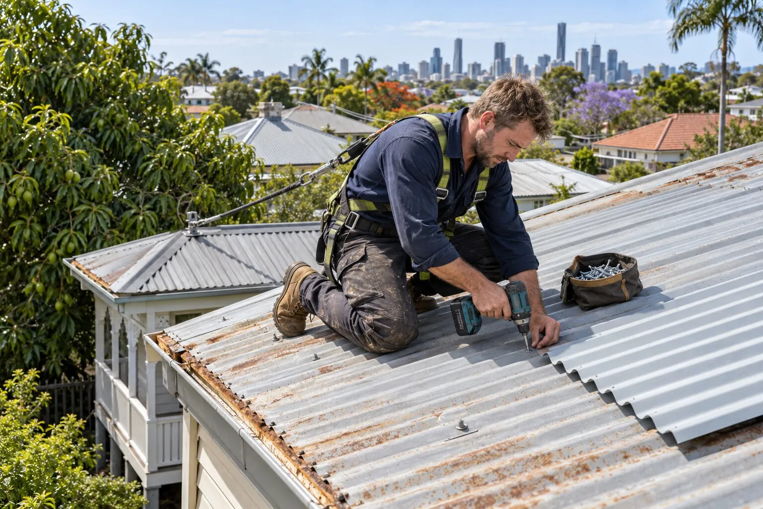 Roof repairs, Brisbane: roofer tightening a roofing screw on a weathered corrugated iron Queenslander roof