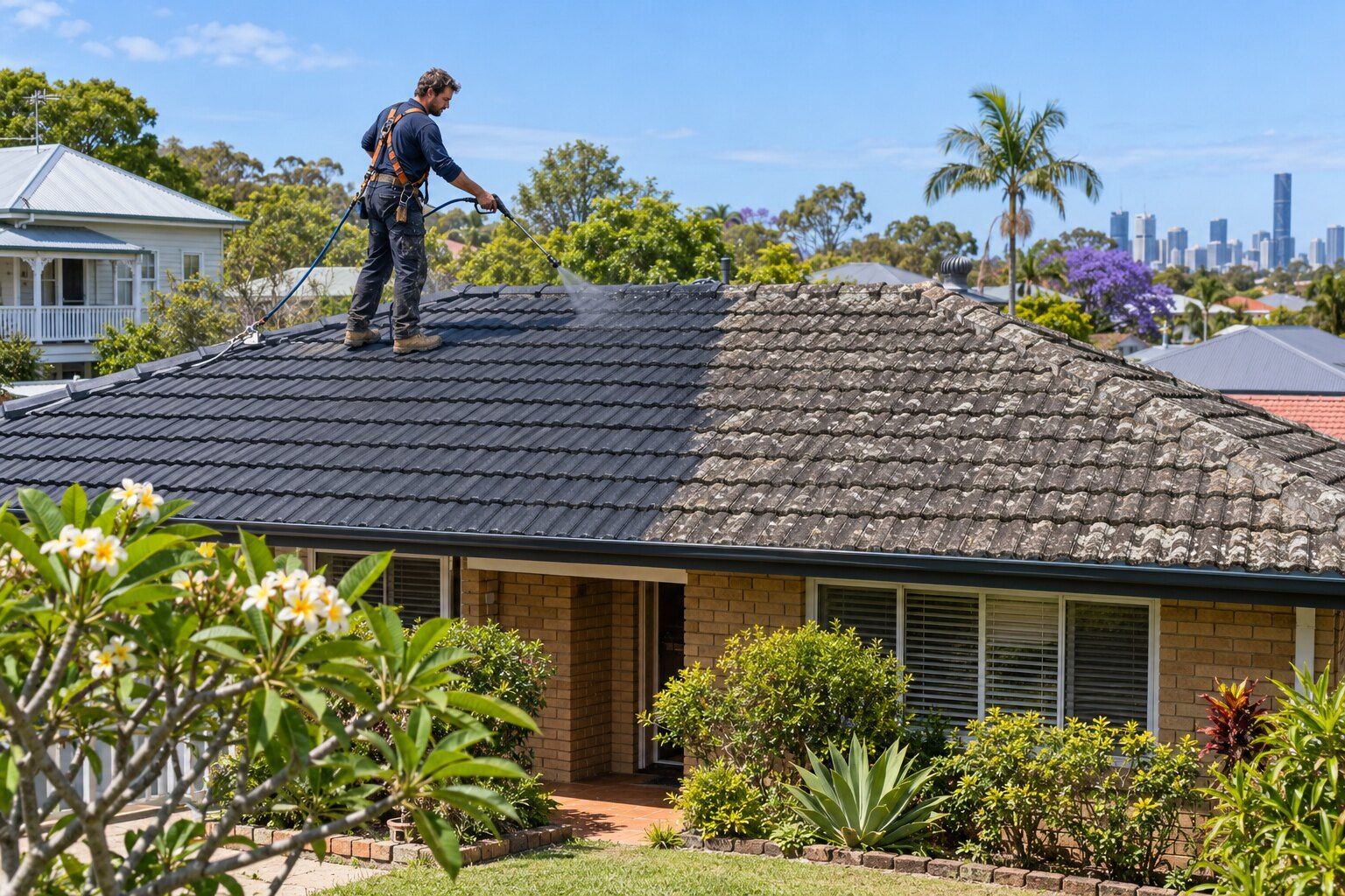 Roof restoration, Brisbane: roofer pressure-cleaning a lichen-covered concrete tile roof on a brick house, half done
