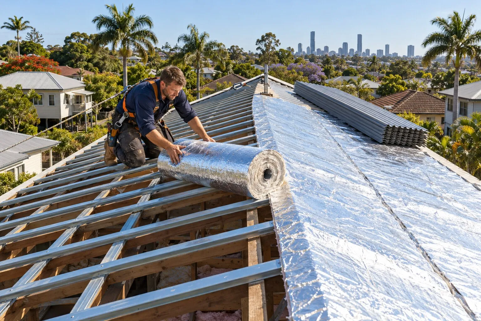 Roof sarking and insulation, Brisbane: roofer unrolling a foil-faced insulation blanket over steel battens on a re-roof