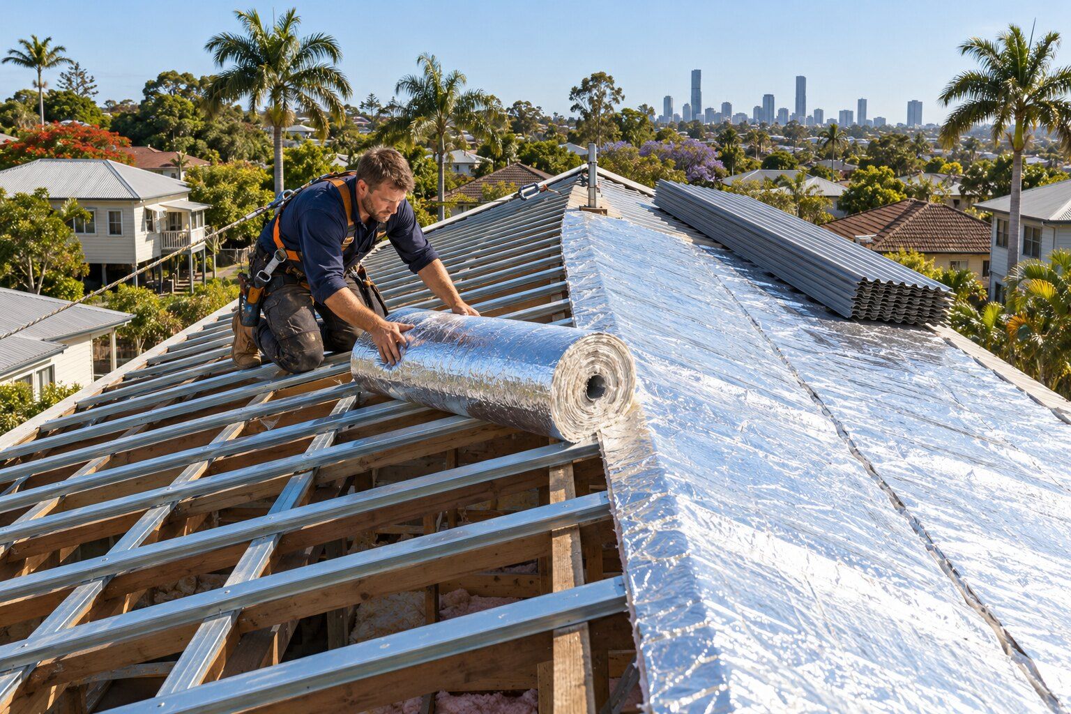 Roof sarking and insulation, Brisbane: roofer unrolling a foil-faced insulation blanket over steel battens on a re-roof