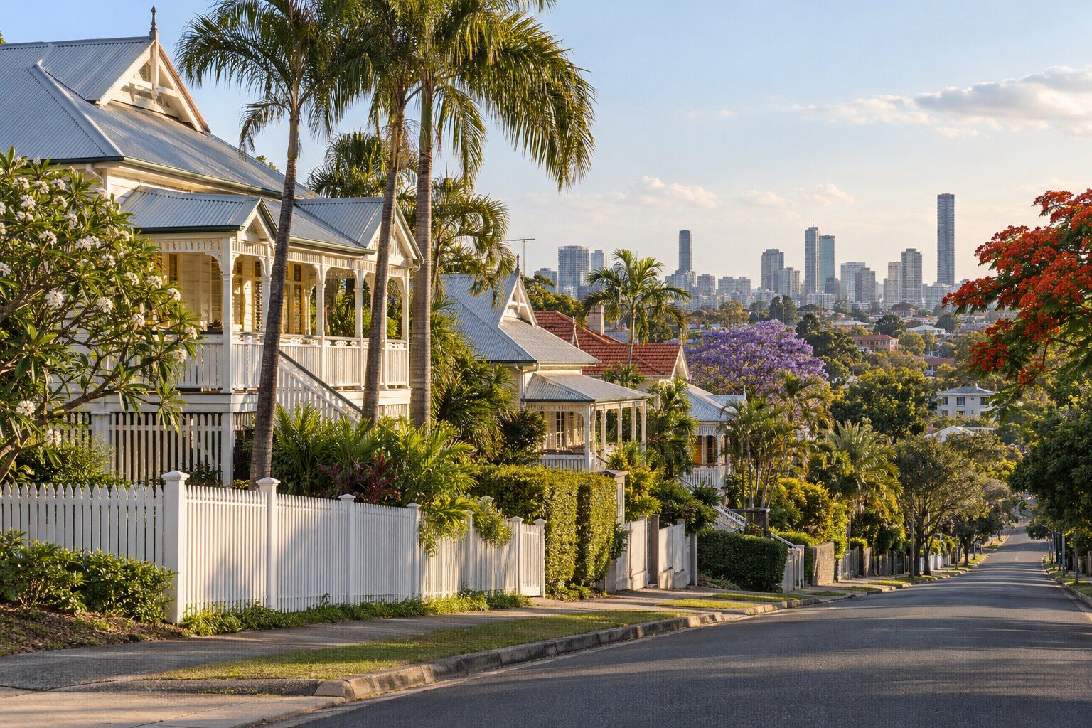 Roofing, Ascot: grand timber Queenslanders with steep hipped corrugated iron roofs along a rising street, the city beyond