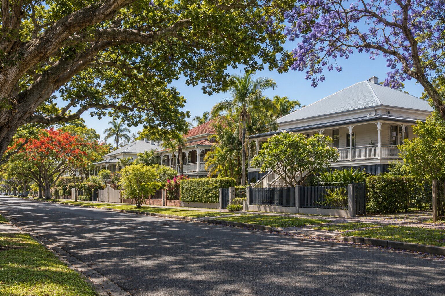 Roofing, Clayfield: a wide street of timber Queenslanders and interwar houses with corrugated iron roofs and deep verandahs