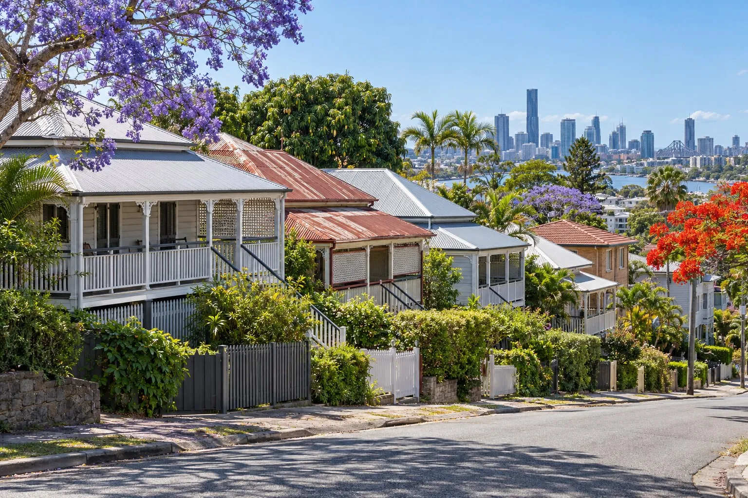 Queenslander roof, Brisbane: timber Queenslanders with corrugated iron roofs and verandahs on a hillside street