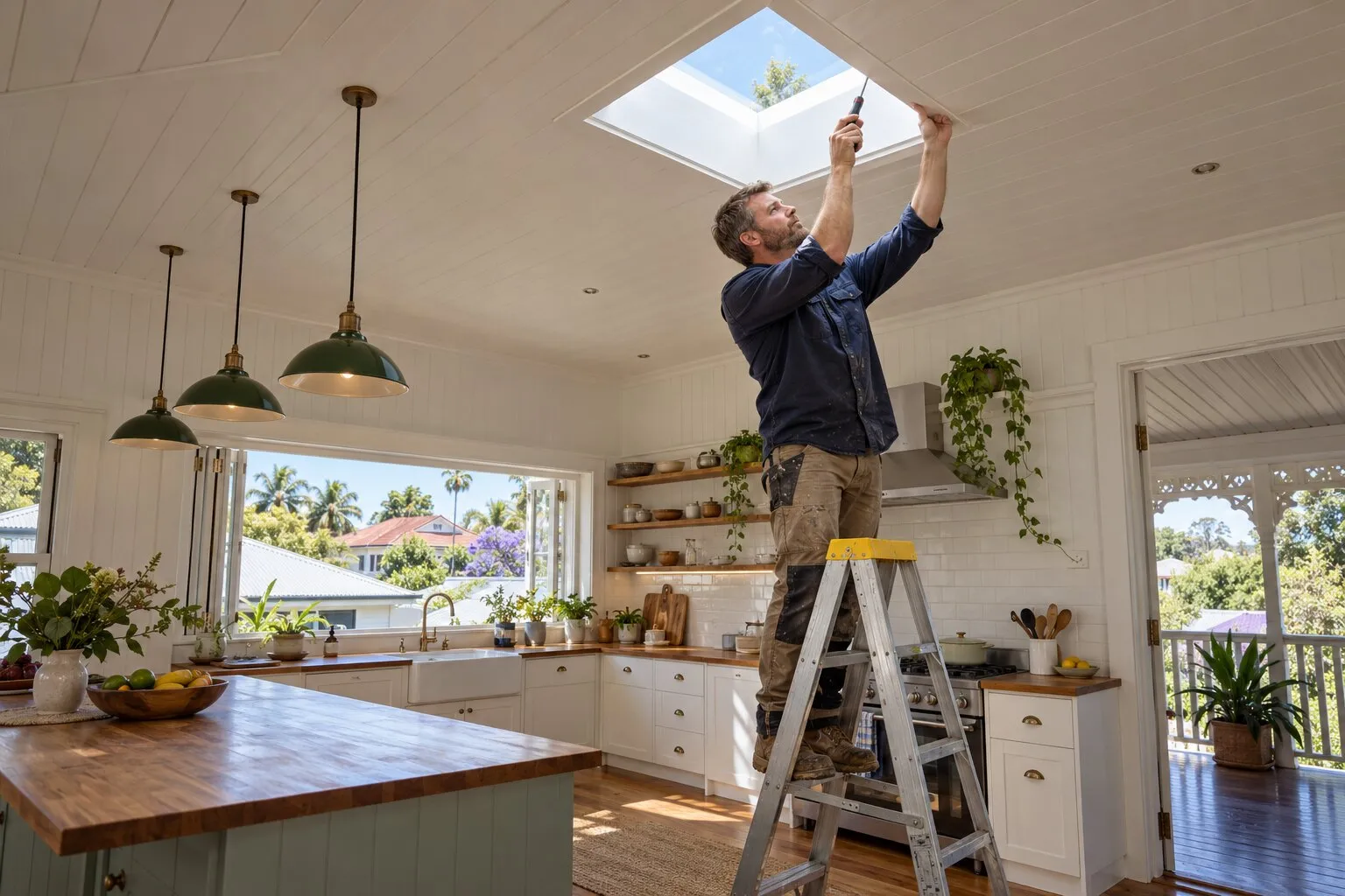 Skylight installation, Brisbane: square skylight being trimmed into a white VJ kitchen ceiling
